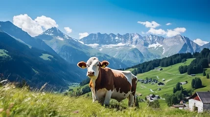 Keuken foto achterwand Alpen Cow grazing in a mountain meadow in Alps mountains, Tirol, Austria. View of idyllic mountain scenery in Alps with green grass and red cow on sunny day. European mountain landscape