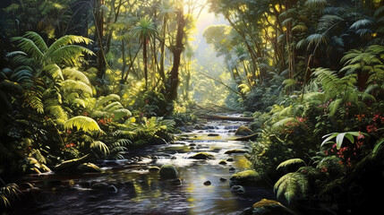 Fototapeta premium River Floating in Lush Green Forest with Sunlight Filtering Through Trees