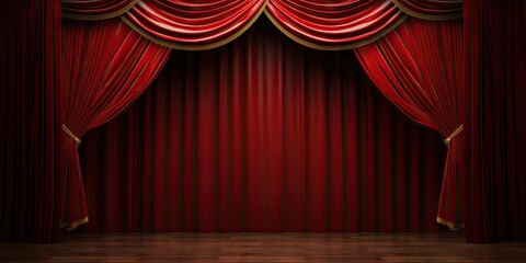 Dramatic entrances. Red velvet theatre drapes on stage. Grand opening. Stage curtain in spotlight. Captivating performances