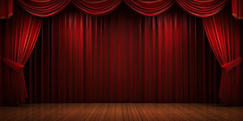 Dramatic entrances. Red velvet theatre drapes on stage. Grand opening. Stage curtain in spotlight. Captivating performances