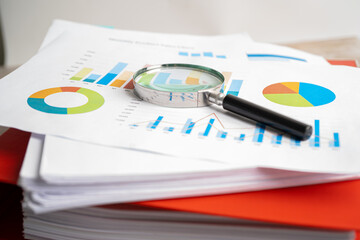 Magnifying glass on graph paper. Financial development, Banking Account, Statistics, Investment Analytic research data economy, Business concept.