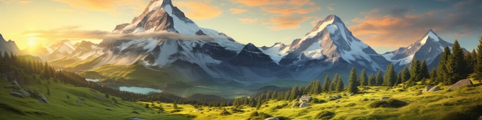 rocky mountains of Swiss Alps at the sunset