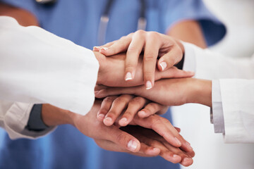 Hospital, mission and hands of doctors in support of teamwork, help or motivation for medical goal. Healthcare, group or people together for team building, collaboration or trust, faith or solidarity