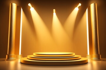 Eine leere goldene Bühne für die Besten der Besten. Beliebig füllbar. Goldene Bühnenstrahler und Dekoration. - obrazy, fototapety, plakaty