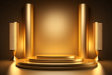 Eine leere goldene Bühne für die Besten der Besten. Beliebig füllbar. Goldene Bühnenstrahler und Dekoration. - obrazy, fototapety, plakaty