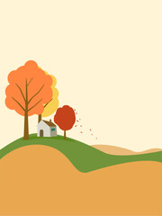 Autumn landscape background. Alone house on hill with trees. Countryside scene landscape with fields Seasonal background. vector illustration