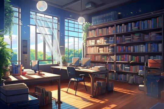 school classroom interior in anime illustration style, 4K animated background