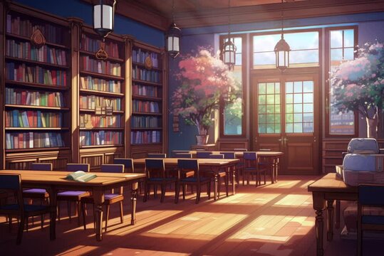 school classroom interior in anime illustration style, 4K animated background