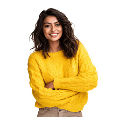 Attractive indian woman wearing bright yellow cozy knitted sweater. Isolated on transparent background - obrazy, fototapety, plakaty