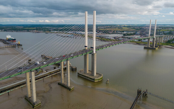 Dartford Crossing, Dartford, Kent. July 31st 2023. Aerial view of the M25 Dartford Crossing over the river Thames between Essex and Kent, London. 