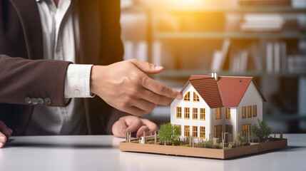 A Real estate agent showing close up image of house model 