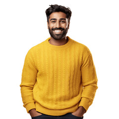 Handsome indian man wearing cozy knitted bright yellow sweater. Winter, autumn vibes. Isolated on transparent background - obrazy, fototapety, plakaty