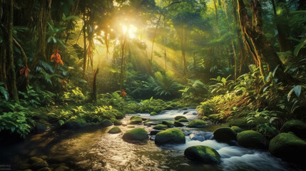 River Floating in Lush Green Forest with Sunlight Filtering Through Trees