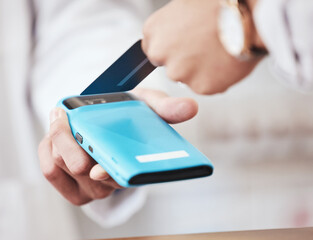 Credit card, hands and health payment in a store with cashier, machine and customer in a pharmacy. Shop, commerce and electronic sale with pay at POS with finance transaction and purchase at checkout