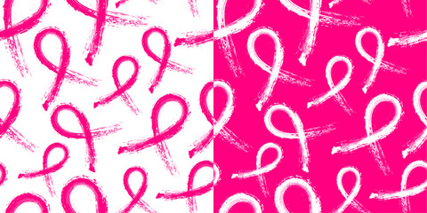 Set of Calligraphic Hot Pink Awareness Ribbon Brush stroke, Seamless and repeatable pattern on white and hot pink backgrounds. Editable and scalable Vector Illustration.
