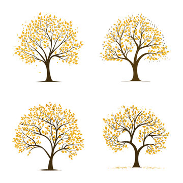 Set of autumn trees with yellow leaves isolated on white background