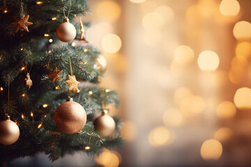 Obraz na płótnie Canvas Decorated Christmas tree on blurred bokeh background.