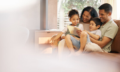 Family, children and tablet on sofa in e learning, video streaming and school or online education...