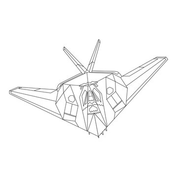 Aircraft F-117 Outline Illustration. Fighter Jet F117 Coloring Book For Children And Adults. Military Aircraft Vector. Cartoon Airplane Isolated on White Background. Plane Drawing Line Art Vector