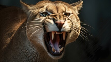 Ferocious Puma. Discover Ultra-Realistic Image of Snarling Wildcat's Intense Anger and Powerful Presence - obrazy, fototapety, plakaty