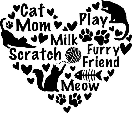 Cat Lover Paw Print Vector Illustration, Black And White Cats Silhouette, Kitty Meow, Cat Saying, Cat Mom Quotes, Furry Friend, Fur Mama Sublimation Shirt Design