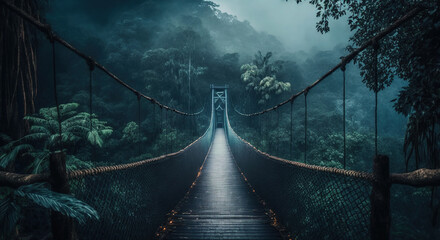 Fototapeta premium A Suspension Rope Bridge in The Misty Green Jungle