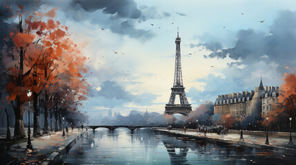 Obraz premium City View of Paris Harbor Watercolor Art Painting
