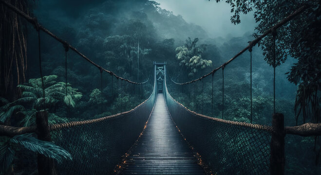 Fototapeta A Suspension Rope Bridge in The Misty Green Jungle