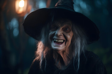 An old and ugly witch with an evil laugh outside at night. Halloween theme, cinematic lighting. Generative AI