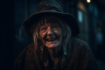 An old and ugly witch with an evil laugh outside at night. Halloween theme, cinematic lighting. Generative AI