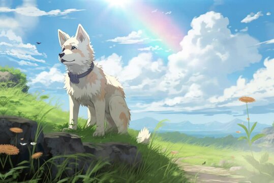 husky standing on a mountain in the background of mountains and forests