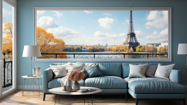 City View of Paris Harbor Watercolor Art Painting in Living Room