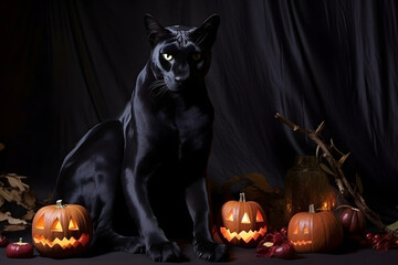 Spooky portrait of a black panther in a Halloween setup in studio, dramatic lighting. Created with generative AI