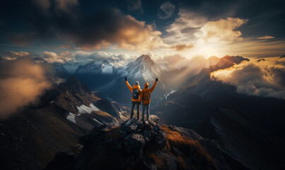 Epic mountain landscape with two hikers celebrating on top, Generative Ai illustration