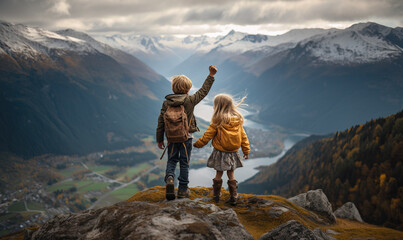 Two happy kids raising hands up on mountain top, Generative Ai illustration - Powered by Adobe