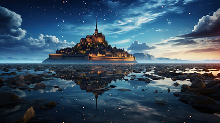 Fortstress Reflected in the High-Tide Waters Around Mont Saint-Michel