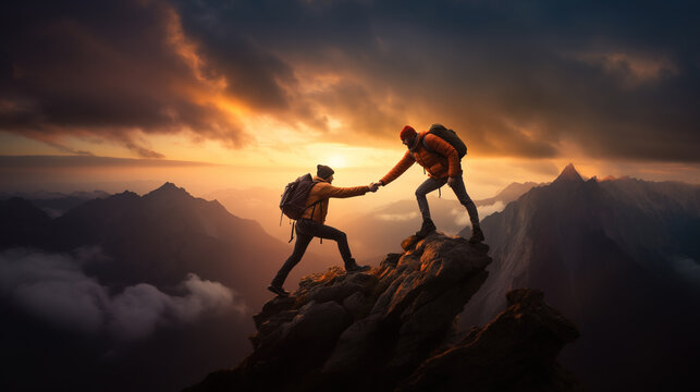 Reaching for help concept with two hikers healping each other on mountain top, Generative AI illustration