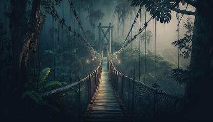 Fototapeta premium A Suspension Rope Bridge in The Misty Green Jungle