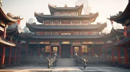 Fototapeta premium Beautiful Chinese Night Scene Inside View of Chinese Style Temple