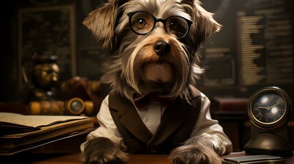 A dog standing in front of a chalkboard