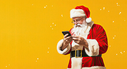 santa claus with smartphone on yellow background, christmas and new year banner template