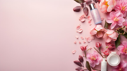 **Top view of cosmetic products with ingredient plants, light pink background. Ultra-realistic Wide shot.