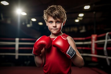 Fototapeta Portrait of a cute little boy in red boxing gloves on boxing ring obraz