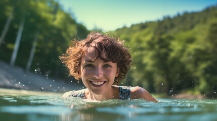 cute happy girl with swimming in the lake