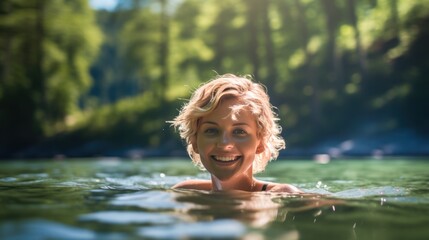 happy attractive girl with blond short hair swimming in the lake