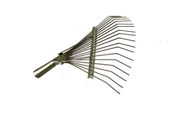 Metal rake for collecting leaves in the garden. wonderful gardening tools.Shovel, shovel-shovel shovel.hoe, rake. a set of tools for the gardener.On a white isolated background.space for text.	