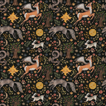 Watercolor dark fairy tale seamless pattern with mythical forest animals. Celestial wolf, deer with wings, hare, moon and stars background for gothic textile or wrapping paper.