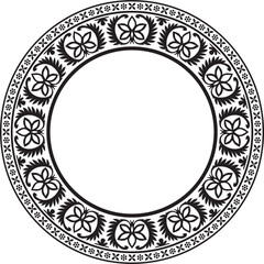 Vector round monochrome black Indian national ornament. Ethnic plant circle, border. Frame, flower ring. Poppies and leaves..
