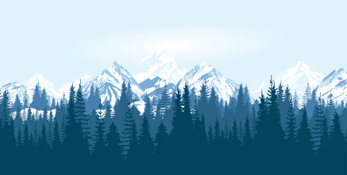 Editable, printable vector landscape illustrations of forest and snow mountains. 