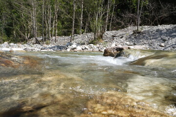 Ruscello di montagna con sassi e acqua limpida, italia